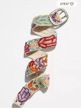 Free People Cream Wool Embroidered Floral Belt with Multicolor Stitching